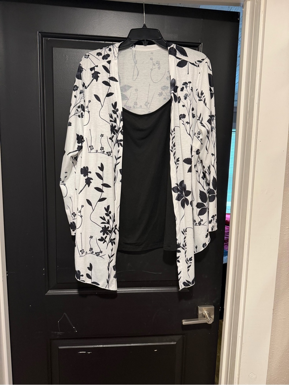 SHEIN White Open Front Floral Cardigan with Black Tank